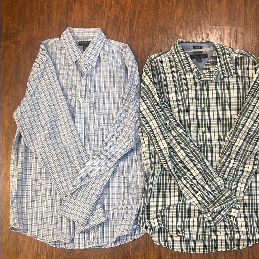 Men's Name Brand Plaid Button-Down Shirts- Blue and Green Bundle